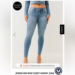 NWT True Religion Jennie Curvy mid rise super Skinny Jeans